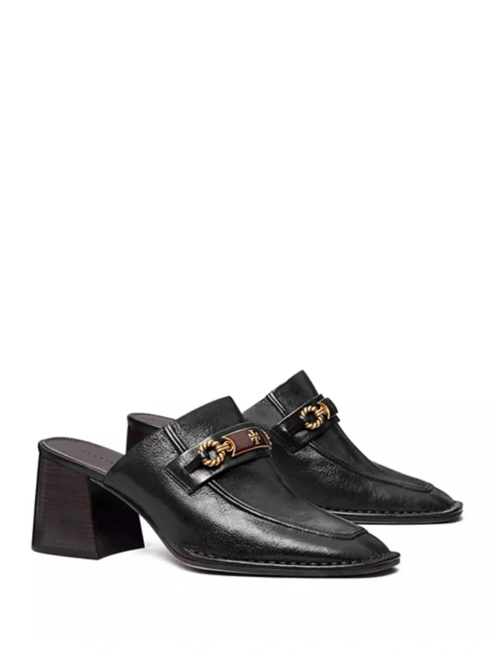 Tory Burch Perrine Black Leather Logo-Trim Block Heel Mules